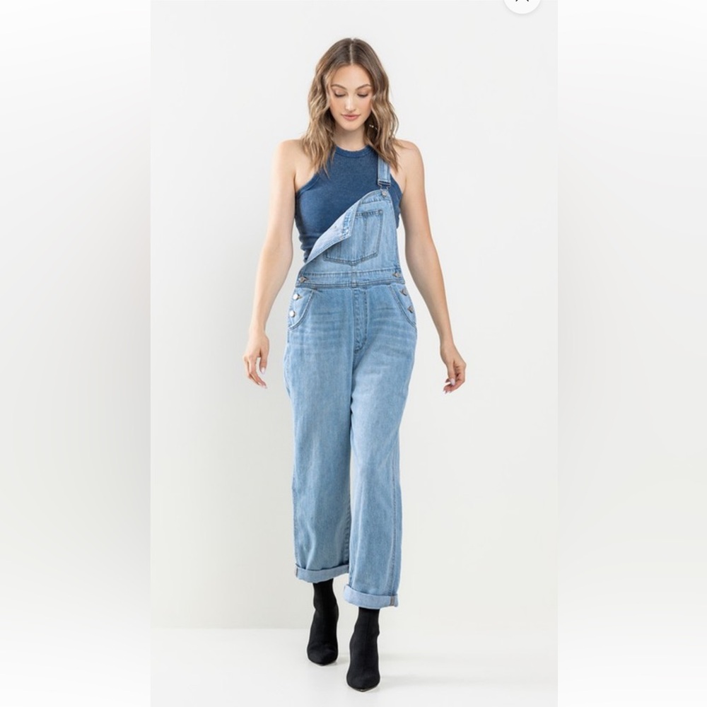 052. Denim straight leg ankle length overalls in light wash